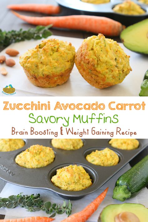 Zucchini Avocado Carrots Savory Muffins +9M. Brain boosting and weight gaining recipe thanks to the avocado + almond meal + eggs. Avocado Muffins Toddler, Avocado Toddler Recipes, Savory Muffins For Kids, Avocado Zucchini, Weight Gaining, Easy Toddler Meals, Easy Baby Food Recipes, Toddler Recipes, Baby Led Weaning Recipes