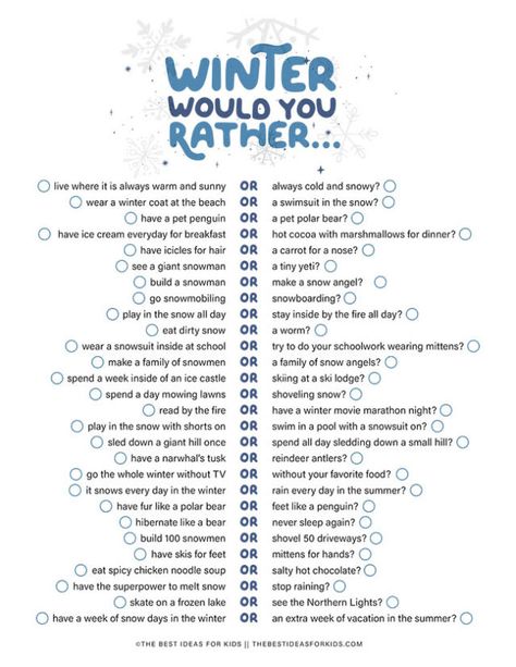 Winter Would You Rather Checklist Winter Events For School, Winter Youth Group Activities, Winter This Or That, New Years Would You Rather, Winter Birthday Activities, Winter Wonderland Sleepover Ideas, Winter Would You Rather, Winter Wonderland Games, Would You Rather Questions Christmas