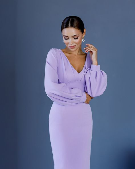 Lavender V-Neck Puff-Sleeve Midi Dress – ELAGIA Choir Uniforms, Tea Desserts, Zipper Lock, Lavender Dress, Corporate Fashion, Purple Midi Dress, Lavender Dresses, Dress Inspo, Puff Sleeve Dresses