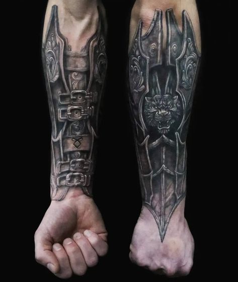 Mens Armor Tattoo, Armour Tattoo Forearm, Armor Forearm Tattoo, Vambrace Tattoo, Gauntlet Tattoo Forearm, Arm Armor Tattoo, Knight Armor Tattoo, Armor Tattoo Sleeve, Medieval Tattoo Sleeve