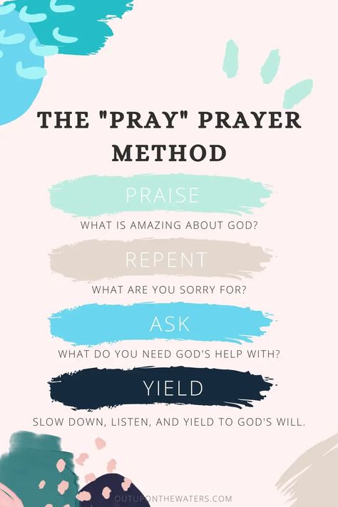 The P.R.A.Y. acronym stands for praise, repent, ask, and yield. The PRAY prayer method is a simple formula to help deepen your prayer time, make your prayers more meaningful, and focus on God's will. Pray Praise Repent Ask Yield, Praise Repent Ask Yield, P.r.a.y. Acronym, Acts Prayer Method, Gospel Acronym, Prayer Board For Kids, What To Pray For, Prayer Book Ideas, Pray Acronym