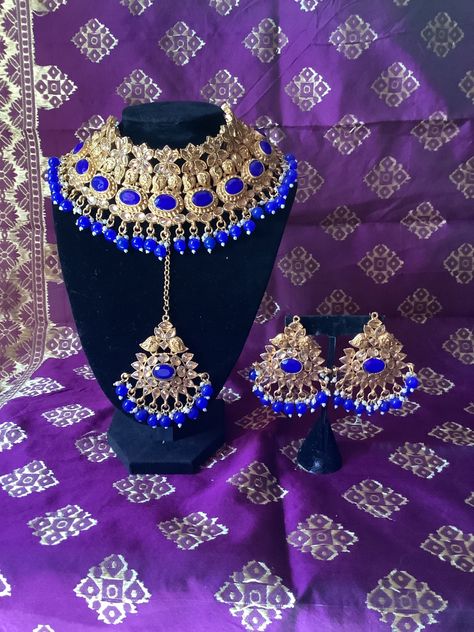 Royal Blue and Gold Kundan Necklace Set Complete with Earrings, Mang Tikka, and Choker Gold Kundan Necklace, Mang Tikka, Kundan Necklace Set, White Champagne, Royal Blue And Gold, Kundan Necklace, Kundan Necklaces, Blue Outfit, Blue And Gold