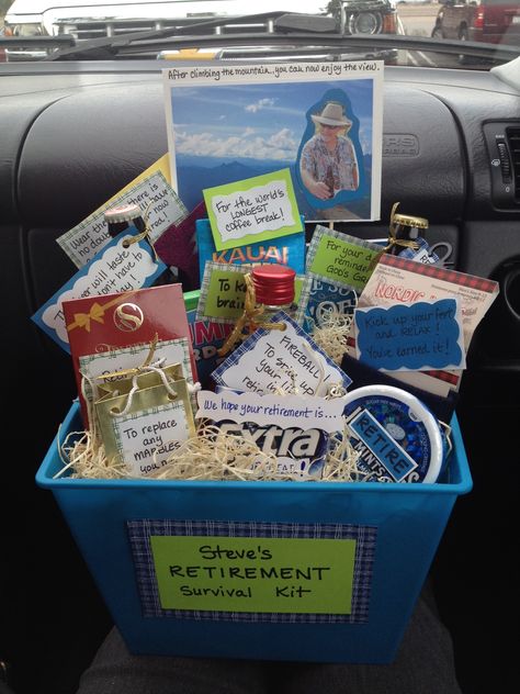 Retirement Survival Kit Retirement Box Ideas, Retirement Survival Kit Ideas Funny, Retirement Kit For Men, Retirement Survival Kit Woman, Retirement Survival Kit For Men, Retirement Survival Kit Ideas, Retirement Baskets For Men, Diy Retirement Gift Ideas, Retirement Basket