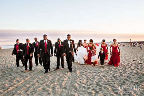 Beach Wedding Red, September Wedding Colors, Crimson Wedding, Beach Wedding Black, Azusa Pacific University, Jamaican Wedding, Black Red Wedding, Wedding Party Photography, Beach Wedding White