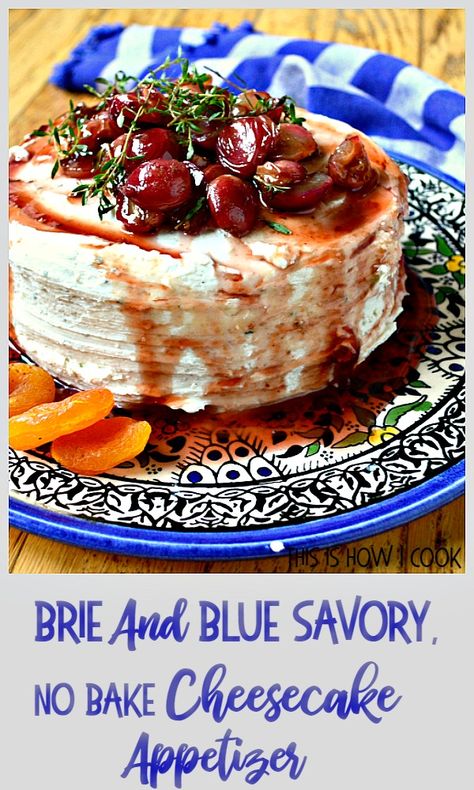 A Brie and Blue savory, no bake cheesecake with toasted walnuts and honey is a perfect appetizer. Sliced into wedges and served with crackers or French bread; this is an appetizer your guests will truly enjoy! #savory cheesecake #brieandbluecheesecake #goatcheesecheesecake #cheesecakeappetizer #nobakeappetizer Unbaked Cheesecake, Savory Cheesecake, Cheesecake No Bake, Savory Cheese, Elegant Appetizers, Bake Recipes, Naked Cakes, Bake Cheesecake, Baked Brie