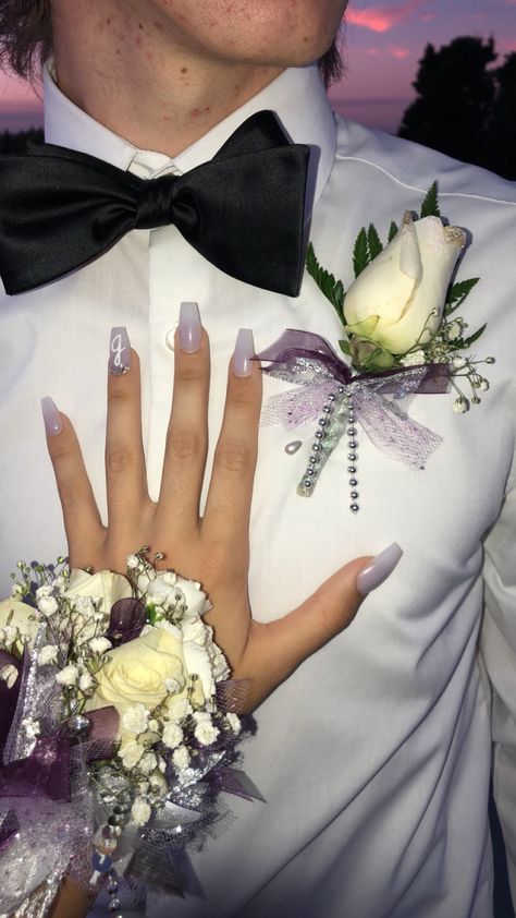 hoco nails// light purple// bf lettering// acrylics Purple Nails Hoco, Nail Inspo Purple, Nails Light Purple, Purple Wedding Nails, Hoco Flowers, Nails Hoco, Purple Hoco, Purple And Silver Nails, Blue Prom Nails