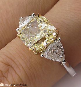 GIA 4.50ct Estate Vintage Fancy Yellow Cushion 3 Stone Engagement Wedding Platinum/ 18k Yellow Gold Ring Yellow Cushion, Expensive Rings, Yellow Diamond Rings, Yellow Engagement Rings, Beautiful Diamond Rings, Fine Diamond Jewelry, Buying Diamonds, 18k Yellow Gold Ring, Stone Engagement