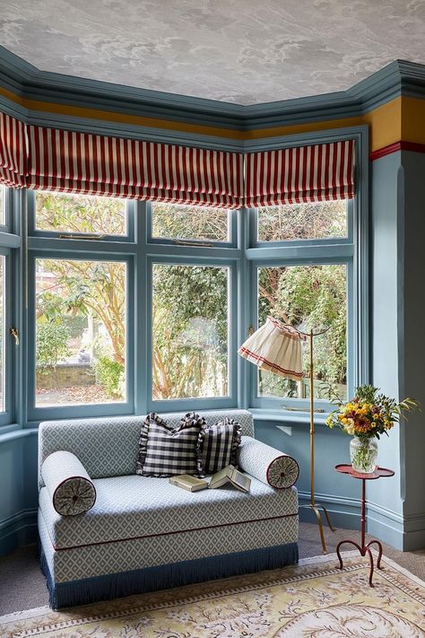 Edwardian Home, Interior Design Instagram, Living Room Blinds, Wallpaper Ceiling, Blue Curtains, Multipurpose Room, Bay View, Blue Rooms, Striped Wallpaper