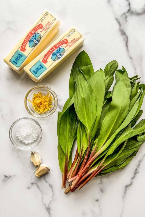 Two sticks of butter, ramps, lemon zest, flaky salt, and two garlic cloves. Ramp Butter Recipe, Ramp Pesto, Wild Onions, Compound Butter, Flaky Salt, Wild Garlic, Scallops Seared, Grilled Fish, Pesto Recipe