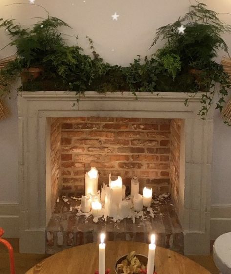 Candles In Old Fireplace, Pillar Candles In Fireplace, Faux Fireplace With Candles Inside, Flameless Candles In Fireplace, Candles In Fireplace Christmas, Fireplace With Candles Inside, Christmas Faux Fireplace, Fireplace Candles Inside, Fireplace Decor Ideas Farmhouse