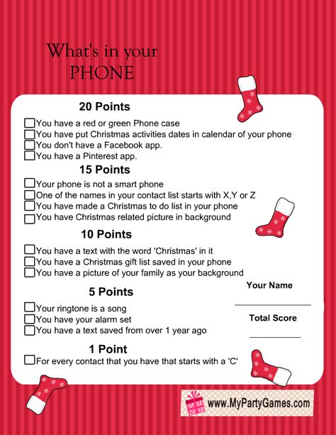 Free Printable What's in Your Phone Christmas Game Xmas Party Games, Xmas Games, Work Christmas Party, Printable Christmas Games, Holiday Party Games, Family Christmas Party, Office Christmas Party, Christmas Game, Holiday Games