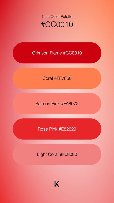 Tints Color Palette Crimson Flame #CC0010 · Coral #FF7F50 · Salmon Pink #FA8072 · Rose Pink #E82629 · Light Coral #F08080 Colour Codes, Hex Color Palette, Hex Codes, Light Coral, Colour Tint, Hex Colors, Salmon Pink, Rose Pink, Unique Colors