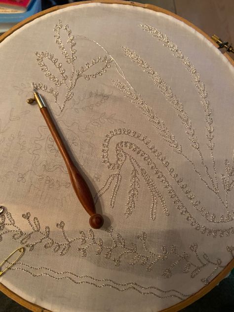 Silver metallic tambour embroidery for regency gown Regency Era Embroidery, Regency Embroidery, Regency Gown, Tambour Embroidery, Regency Era, Embroidery Work, Jane Austen, Needle And Thread, 18th Century