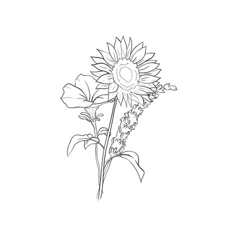 Orchid Sunflower Tattoo, Sunflower And Lavender Drawing, Sunflower Lilac Tattoo, Sunflower And Lilac Tattoo, Orchid And Sunflower Tattoo, Sunflower Bunch Tattoo, Sunflower Lavender Tattoo, Sunflower And Lavender Tattoo, Sunflower And Lily Tattoo