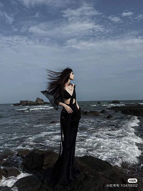 Spooky Beach Photoshoot, Goths At The Beach, Goth Beach Photoshoot, Dark Beach Outfit, Dark Siren Fashion, Gothic Beach Aesthetic, Sirencore Photoshoot, Siren Girl Aesthetic, Dark Mermaid Aesthetic Outfit