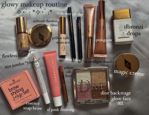 Charlotte Tilbury Makeup Routine, Aesthetic Charlotte Tilbury, Simple Pink Aesthetic, Pillow Talk Lip Liner, Makeup Routine Simple, Glowy Makeup Routine, Charlotte Tilbury Beauty Light Wand, Charlotte Tilbury Flawless Filter, Skincare Girl