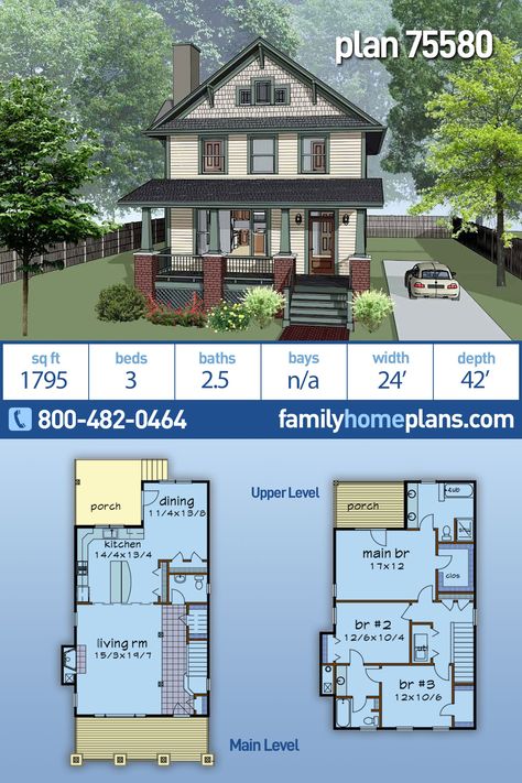 This new two-floor narrow house plan is part of our traditional neighborhood collection. This home plan is conducive to a village community style layout. Porch forward and narrow footprint allow for zero lot line developments such as planned traditional neighborhood developments (TND). An almost 1800 square foot floor plan has the open living space on the main level and three bedrooms on the 2nd floor.  A great addition is the second floor balcony from the master suite. Home Plan Layout, Suburban House Blueprints, Suburban Floor Plans, New Orleans Floor Plans, Narrow Homes Floor Plans, Small Family Home Floor Plans, The Sims 4 Houses Ideas Floor Plans, Three Floor House, Floor Plans Sims 4