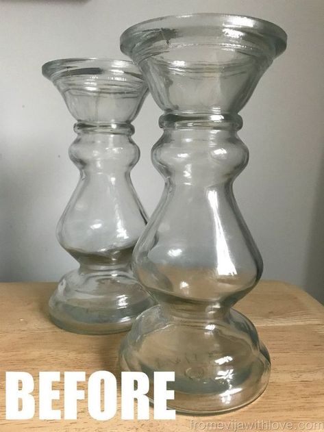 Spray Paint Glass Candle Holders, Paint Glass Candle Holders, Spray Paint Candle Holders, Diy Mercury Glass Vase, Mirror Effect Spray Paint, Table Leg Candle Holder, Mercury Glass Candlesticks, Paint Hacks, Painted Glass Candle Holders