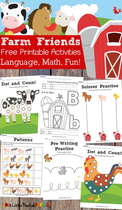 Free Farm Friends Printable Activity Pack: 35 pages of activities for your child to learn math and language including do-a-dot pages, coloring pages, pre-writing activities, pattern cut and paste, counting, and more. (#preschool #farm #printable) Farm Activities Preschool, Preschool Farm, Farm Animals Preschool, Farm Lessons, Farm Animals Activities, Farm Theme Preschool, Farm Unit, Farm Animals Theme, Farm Preschool