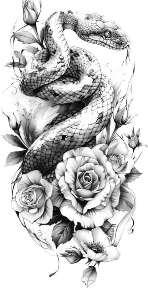 Spine Tattoo Snake, Snake And Lily Tattoo, Snake And Rose Sleeve Tattoo, Flower And Snake Tattoo Sleeve, Tattoos With Snakes And Flowers, Jungle Flowers Tattoo, Angel And Snake Tattoo, Snake And Rose Tattoo Thigh, Snake Flower Tattoo Design