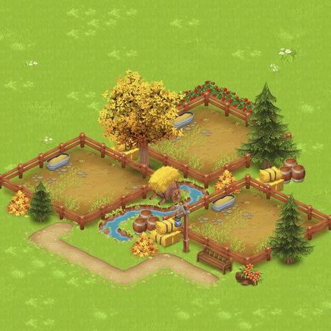 Hay Day Animal Pen Design, Hay Day Animals Design, Hay Day Sewing Machine Design, Best Hayday Farm Designs, Hayday Pigs Design, Hay Day Fall Design, Hayday Animal Layout, Hay Day Entrance Design, Hayday Autumn Design