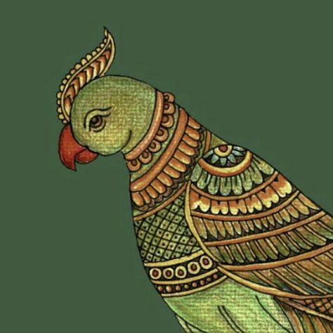 Pichwai Paintings Parrot, Parrot Mural Painting, Parrot Tanjore Painting, Indian Parrot Illustration, Parrot Fabric Painting, Pushpaka Vimana, Parrot Painting, Saree Painting Designs, Gold Art Painting