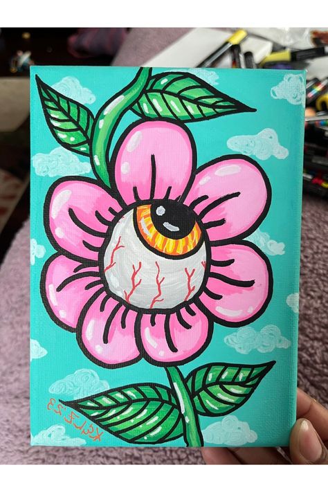 Random Paintings Ideas, Painting Items Ideas, Paintings Inspo Easy, Cool Flower Paintings, Cute Painting Backgrounds, Chalk Landscape Art, Cute Drawings For Wall Decor, Eerie Painting Ideas, Trippy Eyeball Painting