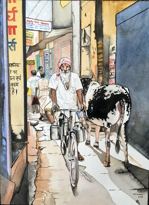 On your bike! Indian milkman!!! Watercolor Indian, Composition Drawing, Composition Painting, Human Figure Sketches, Indian Illustration, Portraiture Painting, Watercolor Paintings For Beginners, Perspective Art, Figure Sketching