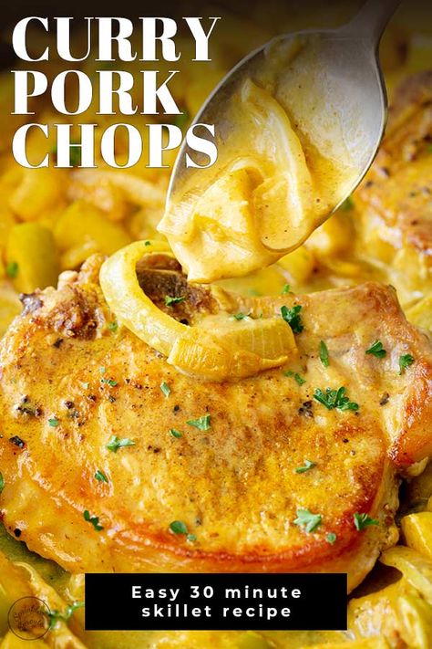 These Curry Pork Chops are a great easy meal idea for dinner that is ready in under 30 minutes! The bone in or boneless pork chops are pan fried, giving them a golden exterior while finishing them off in the sauce means you get such juicy tender pork. The tasty curry sauce is a mixture of onions, apples, broth, and cream. All simmered together with curry powder and a pinch of sugar. This means you are entirely in control of the spice level. Choose mild or hot curry powder to suit your tastes. Easy Curry Sauce, Curry Pork Chops, Curry Pork, Vindaloo Recipe, Pork Curry, Tender Pork Chops, Cooking Pork Chops, Pork Loin Chops, Boneless Pork Chops