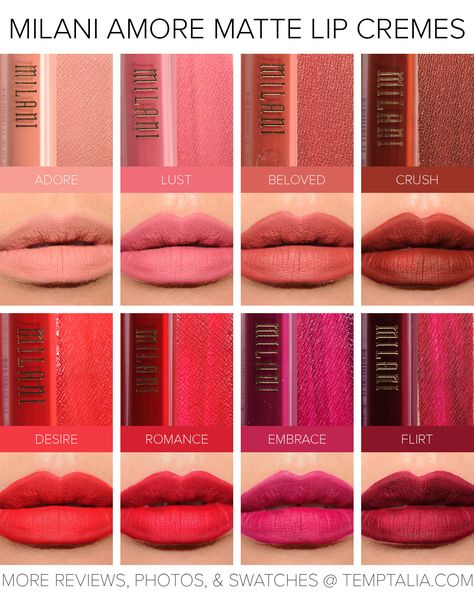 (Click to Enlarge) Milani Amore Matte Lip Creme ($8.99 for 0.21 fl. oz.) is a new, limited edition liquid lipstick available now both at drugstores (I got Milani Matte Lipstick, Milani Amore Matte Lip Creme, Milani Lipstick, How To Makeup, Milani Makeup, Milani Cosmetics, Lipstick Swatches, Makeup To Buy, Makeup Swatches