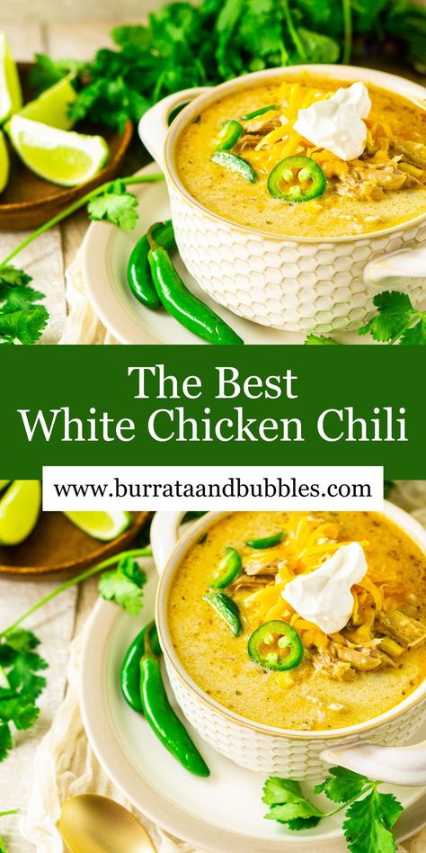 When you need a cozy bowl of comfort food, this creamy white chicken chili always hits the spot! Loaded with tender shredded chicken, hearty white beans, green chiles and a medley of spices, this white chili features the creamiest, most decadent broth with just the right kick of heat. Perfect for game day or a casual gathering with your favorite people. White Chicken Chili Great Northern Beans, Widowmaker White Chicken Chili, White Chicken Chili No Beans, White Chicken Chilli, Chicken Chili Soup, Bubble Recipe, White Bean Chicken Chili, White Bean Chili, Creamy White Chicken Chili