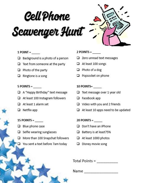 Cell phone scavenger hunt. Simple to tweak with more personal items. Great "ice breaker" for any teen party!! Ice Breaker Games Adults, Cell Phone Scavenger Hunt For Adults, Ice Breaker Scavenger Hunt, Phone Scavenger Hunt Game, Office Scavenger Hunt Ideas, Zoom Icebreaker Games For Adults, What Is On Your Phone Game, Game For Party Adults, Games For Teens On Phone