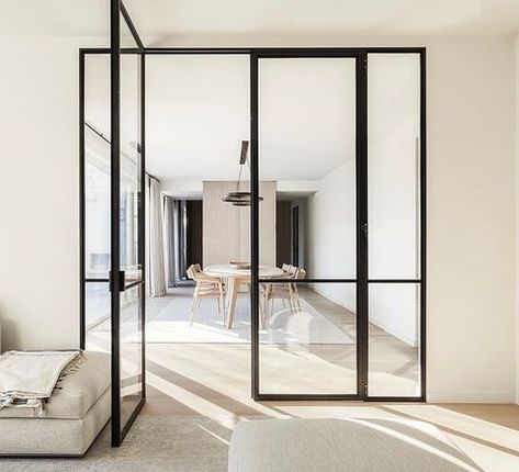 Instagram • Direct Internal Glass Doors, Steel Door Design, Glass Doors Interior, Modern Loft, Steel Doors, Modern Apartment, Open Plan Living, Glass Doors, Minimalist Decor