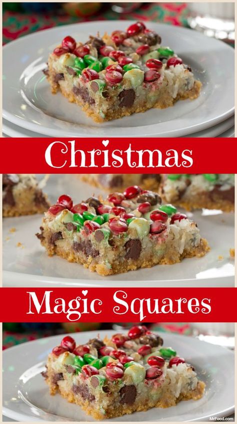 Magic Squares Recipe, Christmas Magic Bars Recipe, Christmas Magic Cookie Bars, Christmas Squares And Bars, Christmas Bars And Squares, Christmas Baking Squares, Holiday Squares, Christmas Cookie Recipes Holiday, Magic Bars