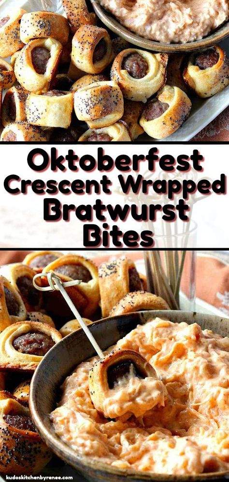 Fall Bratwurst Recipes, Oktoberfest Sauerkraut, Sauerkraut Dip, Oktoberfest Bratwurst, Bratwurst Bites, Brat Recipes, Brat Recipe, Oktoberfest Appetizer, Oktoberfest Recipes