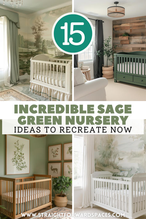 Stunning sage green nursery with modern decor and soothing green tones, perfect for a stylish space. Gender Neutral Nursery Green Accent Wall, Forest Green Nursery Gender Neutral, Black White And Green Nursery, Green And Walnut Nursery, Light Sage Green Nursery, Nursery Room Inspiration Green, Green Vintage Nursery, Sage Girl Nursery, Sage Green And Blue Color Palette