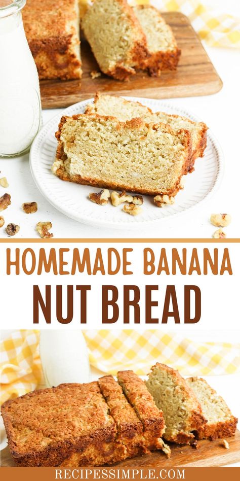 Two slices of banana nut bread on white plate and whole loaf of banana nut bread partially sliced. Homemade Banana Nut Bread, Best Homemade Bread Recipe, Cinnamon Nuts, Easy Banana Bread Recipe, Muffin Bread, Banana Nut Bread, Nut Bread, Ripe Bananas, Banana Bread Recipe