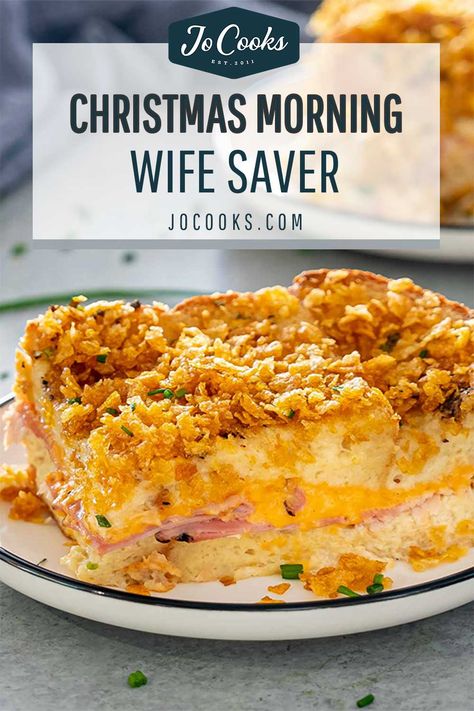 This Christmas Morning Wife Saver is the perfect casserole for Christmas morning made with ham and cheese and topped with cornflakes. Just wake up, bake it and enjoy! #breakfast #wifesaver #christmas Christmas Morning Food, Christmas Morning Wife Saver, Wife Saver Breakfast, Classic Casseroles, Wife Saver, Holiday Breakfast Casserole, Xmas Breakfast, Christmas Morning Breakfast Casserole, Christmas Morning Brunch