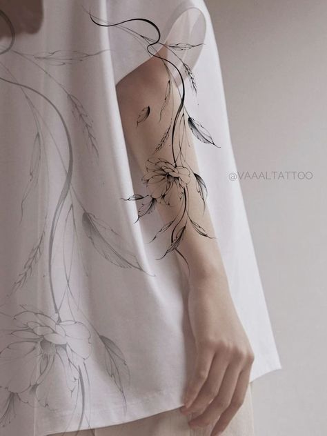 Book Dragon Tattoo, Infinity Tattoo With Feather, Flower Vine Tattoos, Front Shoulder Tattoos, Mandala Hand Tattoos, Around Arm Tattoo, Flower Tattoo Ideas, Feather Tattoo Design, Tattoos For Women Flowers