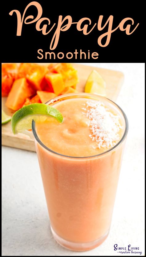 This tropical and nutritious Papaya Smoothie is quick and easy to whip up for a delicious breakfast or the perfect pick-me-up anytime during the day.  https://simplelivingcreativelearning.com/delicious-papaya-smoothie/ Recipes With Papaya, Papaya Recipes Dessert, Papaya Recipes, Papaya Smoothie, Hot Cross Buns Recipe, Coconut Shavings, Creamy Smoothies, Smoothie Drink Recipes, Tasty Breakfast