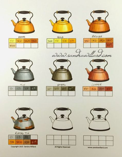 Metal Kettle, Copic Color Chart, Copic Markers Tutorial, Blending Colored Pencils, Copic Marker Art, Colored Pencil Tutorial, Copic Art, Coloring Tips, Colored Pencil Techniques