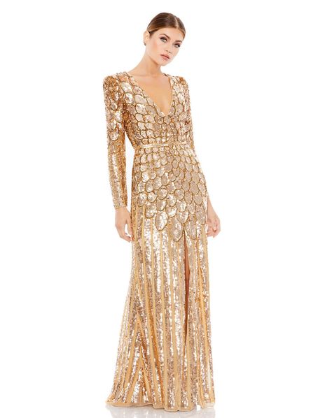 Metallic Sequined Long Sleeve Gown – Mac Duggal Mac Duggal Dress, Gown Gold, Long Sleeve Sheath Dress, Mother Of The Bride Gown, Sleeve Gown, Mac Duggal Dresses, Unique Prom Dresses, Long Sleeve Gown, Bride Gowns