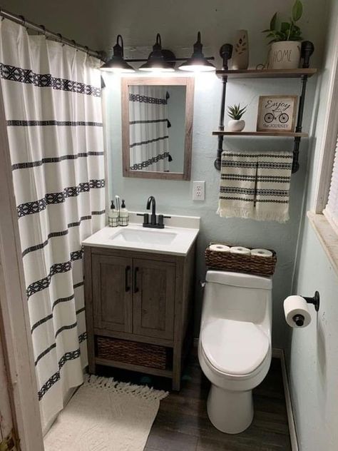 Tiny Coastal Bathroom, Tiny Restroom Ideas Decor, Small Bathroom Farmhouse Decor, Black Bathroom Countertops Decor, French Country Small Bathroom Ideas, Farmhouse Small Bathroom Decor, No Tile Bathroom, Farmhouse Shower Curtain Ideas, Small Bathroom Decor Ideas On A Budget