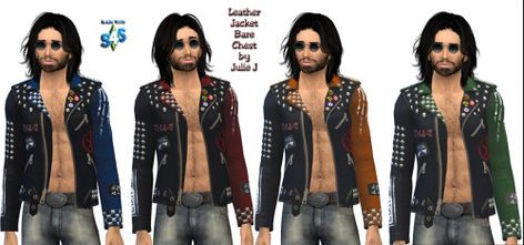 Julie J's Sims 4 CC Simblr — Open Leather Jacket for Males (Bare Chest) Sims 4 Male Leather Jacket, Male Leather Jacket, Sims 4 Studio, Clothing Male, Sims 4 Update, Photoshop Cs6, Sims 4 Mods, Body Hair, Leather Jacket Men