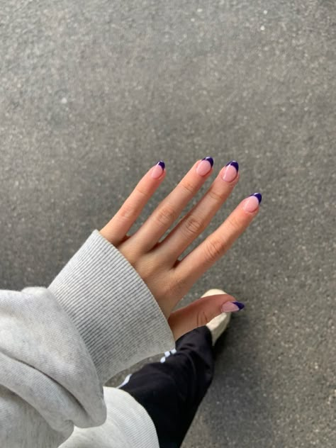 nails aesthetic trending now Short Acrylic Nails January, Dark Purple French Tip Nails Acrylic Almond, Dark Purple Gel Nails Ideas, Purple Nails Homecoming, Dark Purple Nails Acrylic Short, Nail Inspo Dark Purple, Dark Purple Tips Nails, Dark Purple French Tip Nails Almond, Purple French Nails Tips