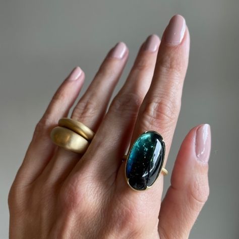 18k & Giant Oval Ombré Blue Green Tourmaline Ring by Gabriella Kiss, paired with Nada Ghazal's stacked Large & Small Urban Pure Rings #gabriellakiss #nadaghazal #futureheirlooms #augustla Gabriella Kiss, Unique Opal, Green Tourmaline Ring, Symbolic Jewelry, Jewelry Lookbook, Tourmaline Ring, Jewelry Inspo, Green Tourmaline, Jewelry Lover