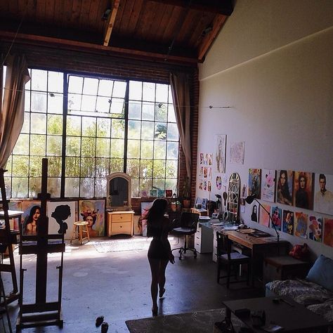 Loft Warehouse Windows, Charmaine Olivia, Studio Workspace, Studio Apartment Design, Art Studio Space, Tall Windows, Craft Space, Loft Decor, Dream Studio