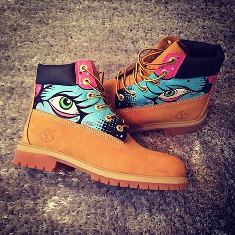 Timberland Boots Custom Customised Hand Painted Dope Footwear ... Painted Timberland Boots, Custom Timbs, Pink Cowboy Boots, Custom Painted Shoes, Fly Shoes, Painted Sneakers, Custom Boots, Timberlands, Fresh Shoes