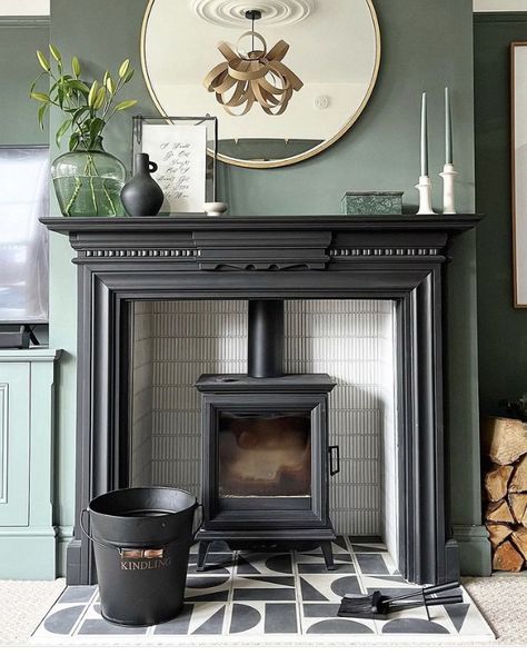 Indoor Fireplace Ideas, Edwardian Fireplace, Wood Burner Fireplace, Log Burner Living Room, Log Burner Fireplace, Fireplace Tiles, Ski Condo, Victorian Living Room, Black Fireplace