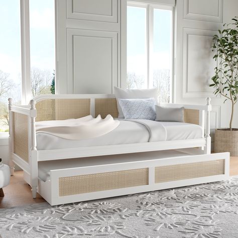 Both coastal and French country, Hillsdale Furniture's Melanie cane daybed with trundle is a show stopping addition to your decor. Coastal Daybed With Trundle, Coastal Daybed, Cane Daybed, Daybed White, Lady Cave, Pop Up Trundle, Trundle Bed With Storage, French Coastal, Rattan Daybed